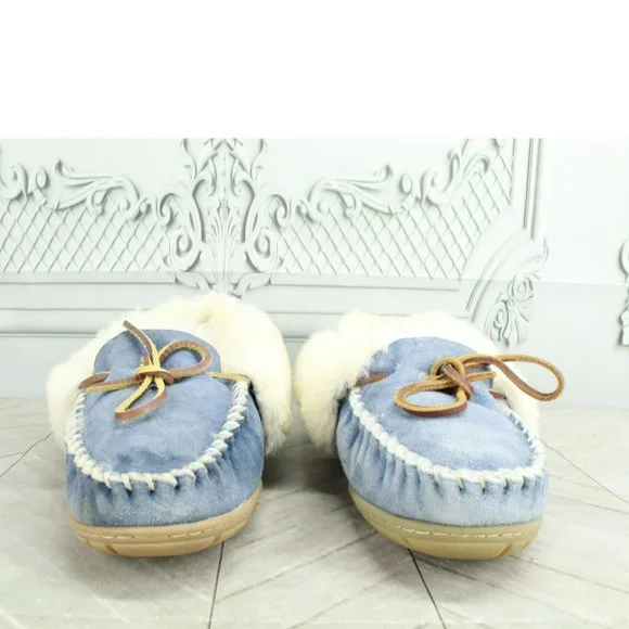 LL Bean Blue Suede Wicked Good Shearling Lined Moccasin Slippers Size 8 M - Picture 4 of 9
